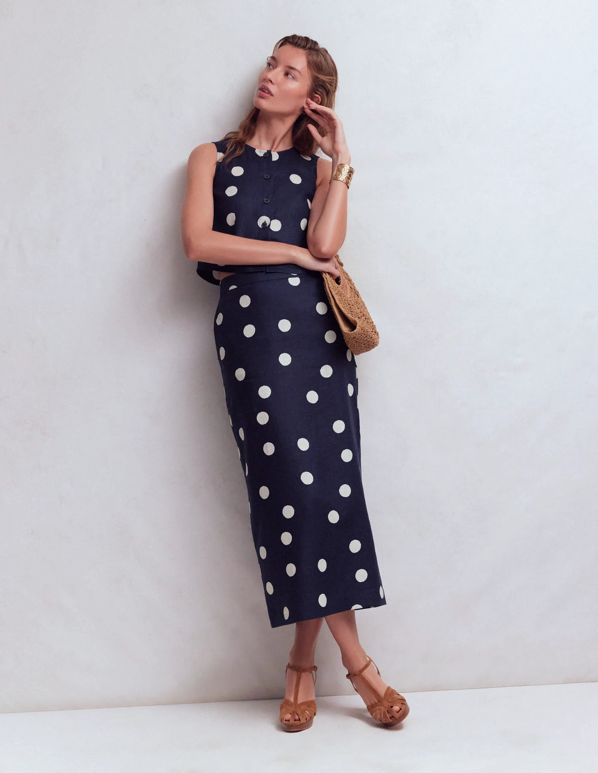 Longline Column Skirt-French Navy, Ivory Spot