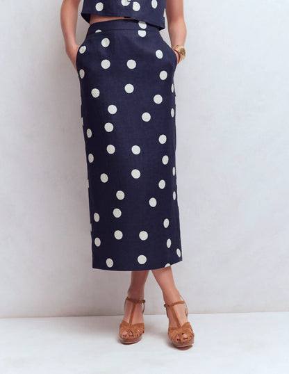 Longline Column Skirt-French Navy, Ivory Spot