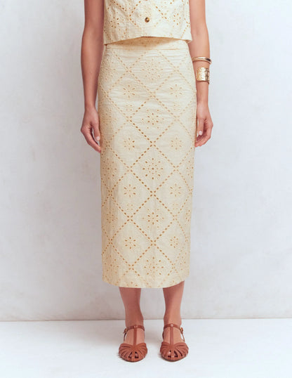 Textured Column Skirt-Ivory Broderie