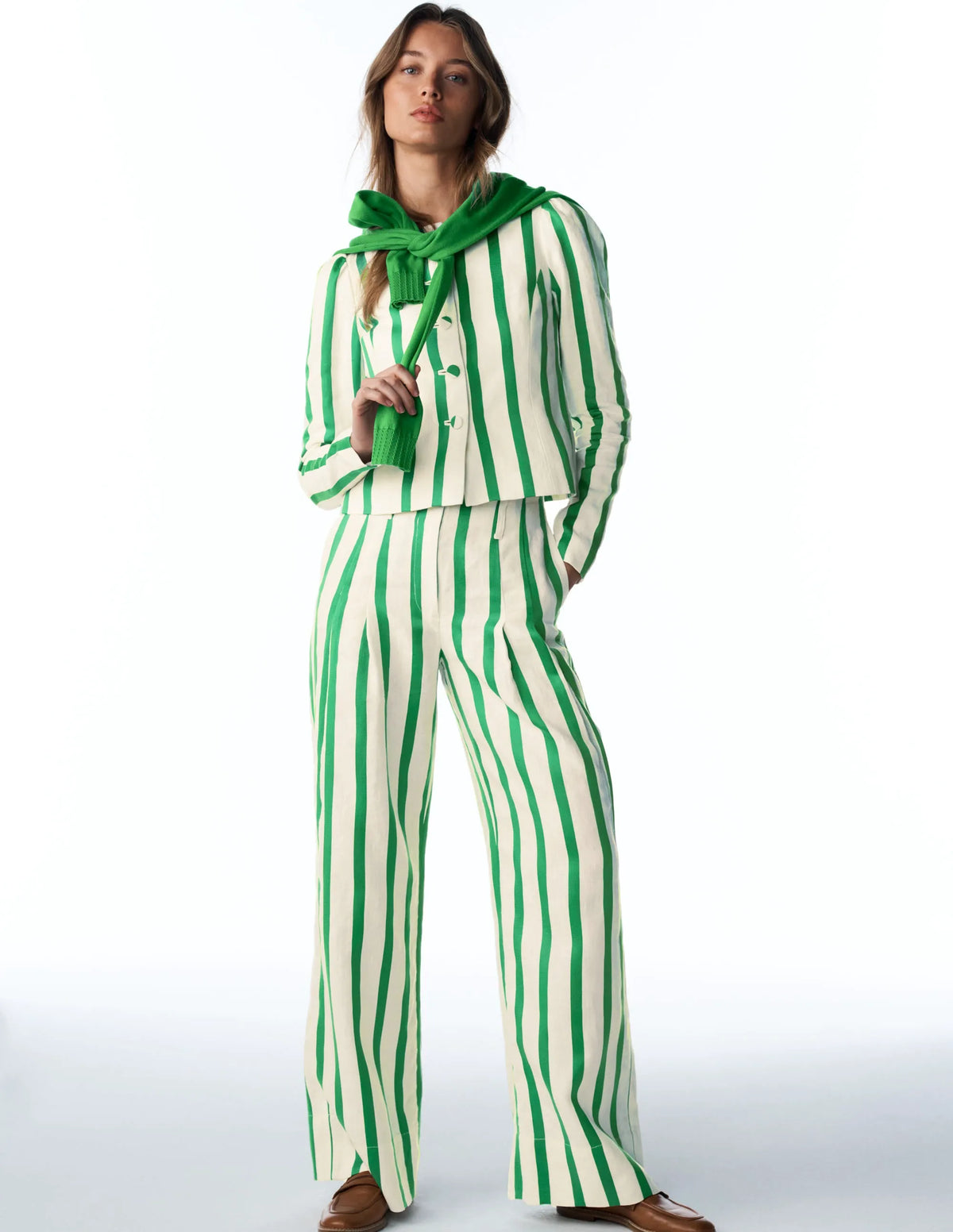 Mayfair Linen Pants-Ivory, Fresh Green Stripe