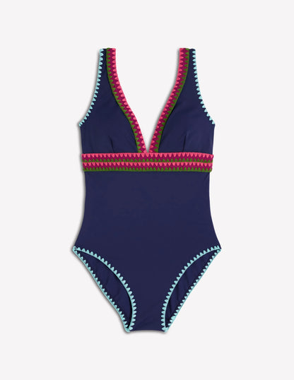 Porto V-neck Swimsuit-Navy, Embroidery