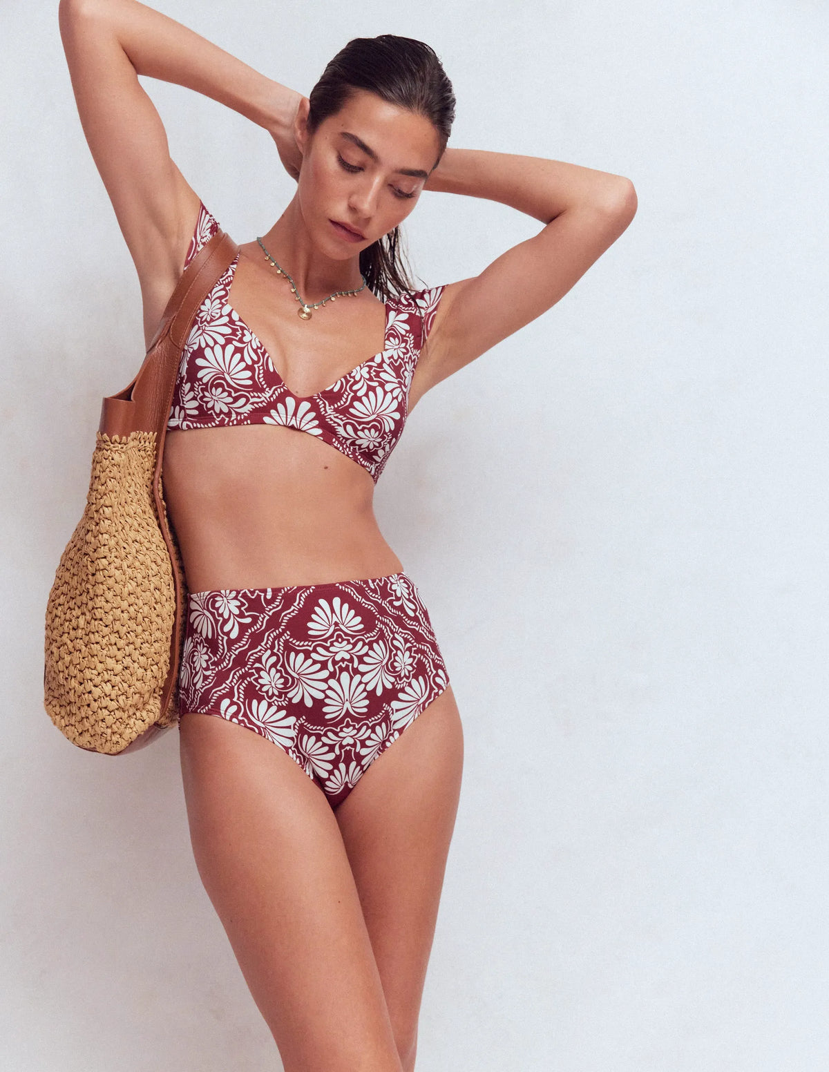 High Waisted Bikini Bottoms-Maroon, Botanical Charm