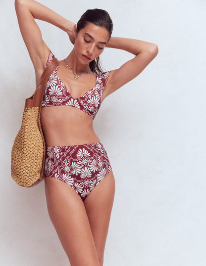 High Waisted Bikini Bottoms-Maroon, Botanical Charm