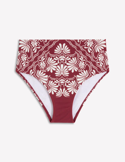 High Waisted Bikini Bottoms-Maroon, Botanical Charm