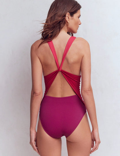Mykonos Deep V Swimsuit-Red, Colour Block