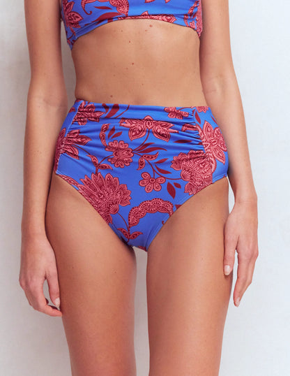 Kythira Ruched Bikini Bottoms-Blue, Elegant Blossom
