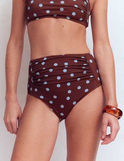 Kythira Ruched Bikini Bottoms-Chocolate And Blue Painted Dot