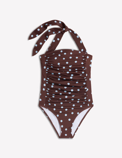 Kythira Ruched Swimsuit-Chocolate and Blue Painted Dot