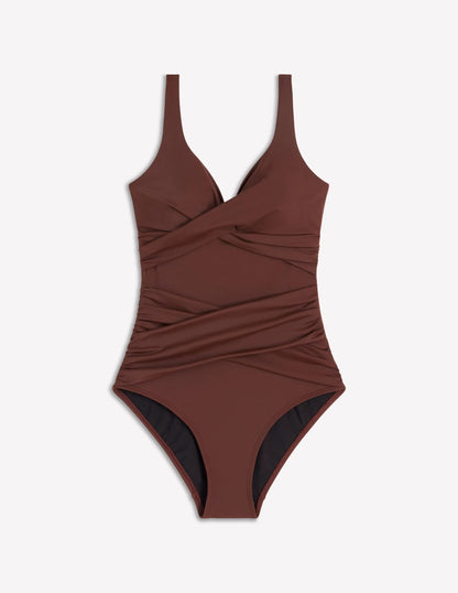 Cannes Cross Wrap Swimsuit-Bitter Chocolate