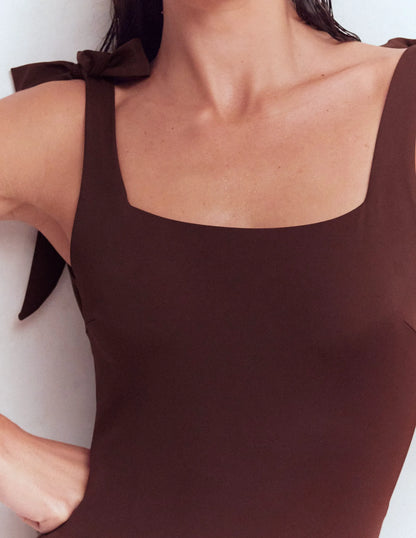 Bow Tie Shoulder Swimsuit-Cinnamon