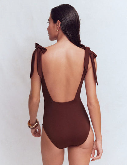Bow Tie Shoulder Swimsuit-Cinnamon