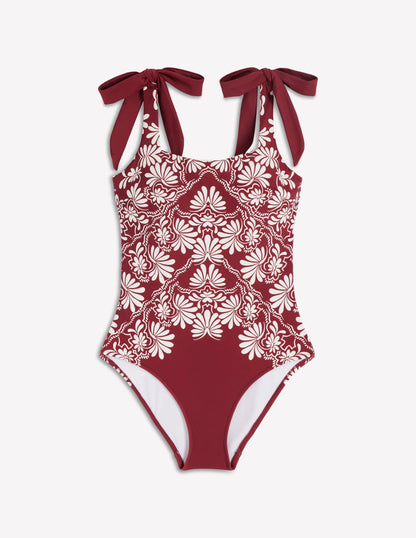 Bow Tie Shoulder Swimsuit-Maroon, Botanical Charm