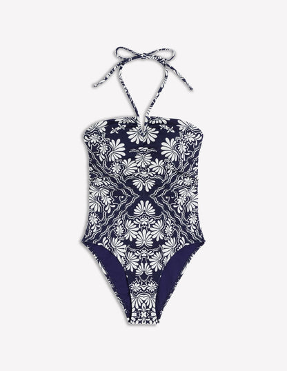 Gather String Swimsuit-French Navy, Botanical Charm