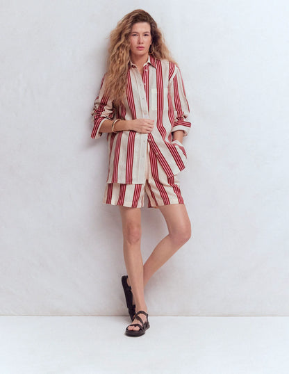 Sadie Relaxed Linen Shirt-Ivory, Brown, Pink Stripe