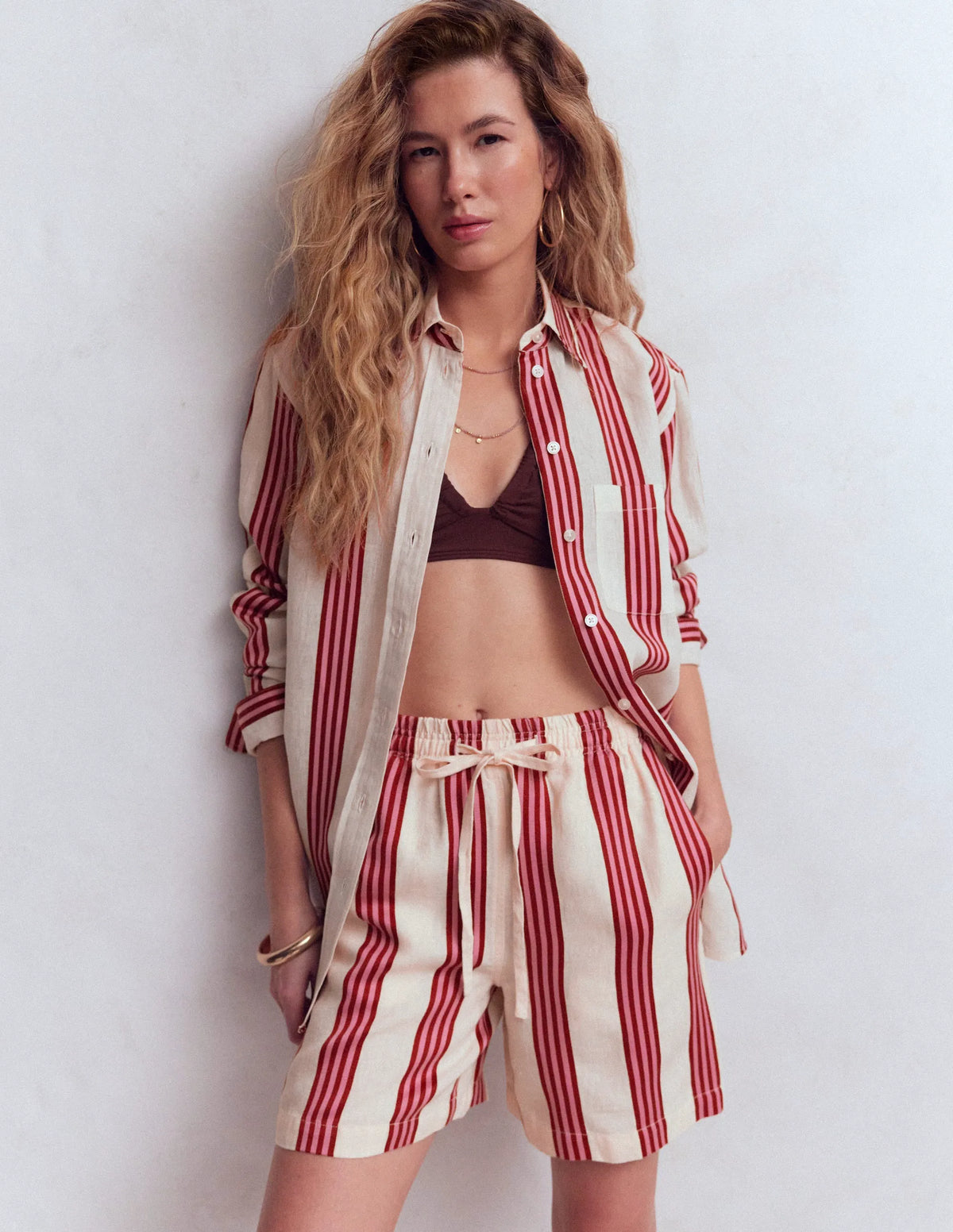 Sadie Relaxed Linen Shirt-Ivory, Brown, Pink Stripe
