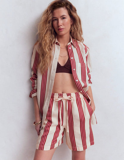 Sadie Relaxed Linen Shirt-Ivory, Brown, Pink Stripe
