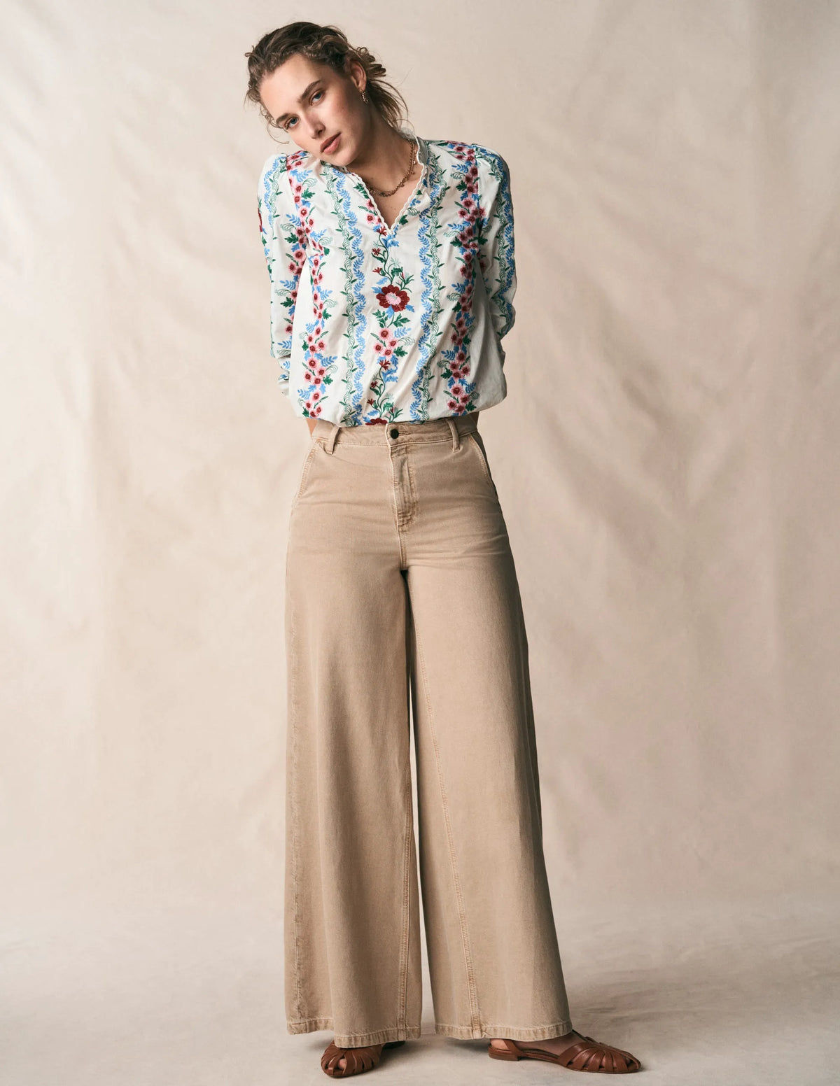 Embroidered Notch Neck Top-Floral Embroidery
