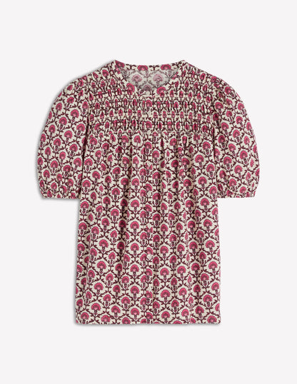 Mya Short Sleeve Smocked Shirt-Strawberry Pink,Flower Lattice