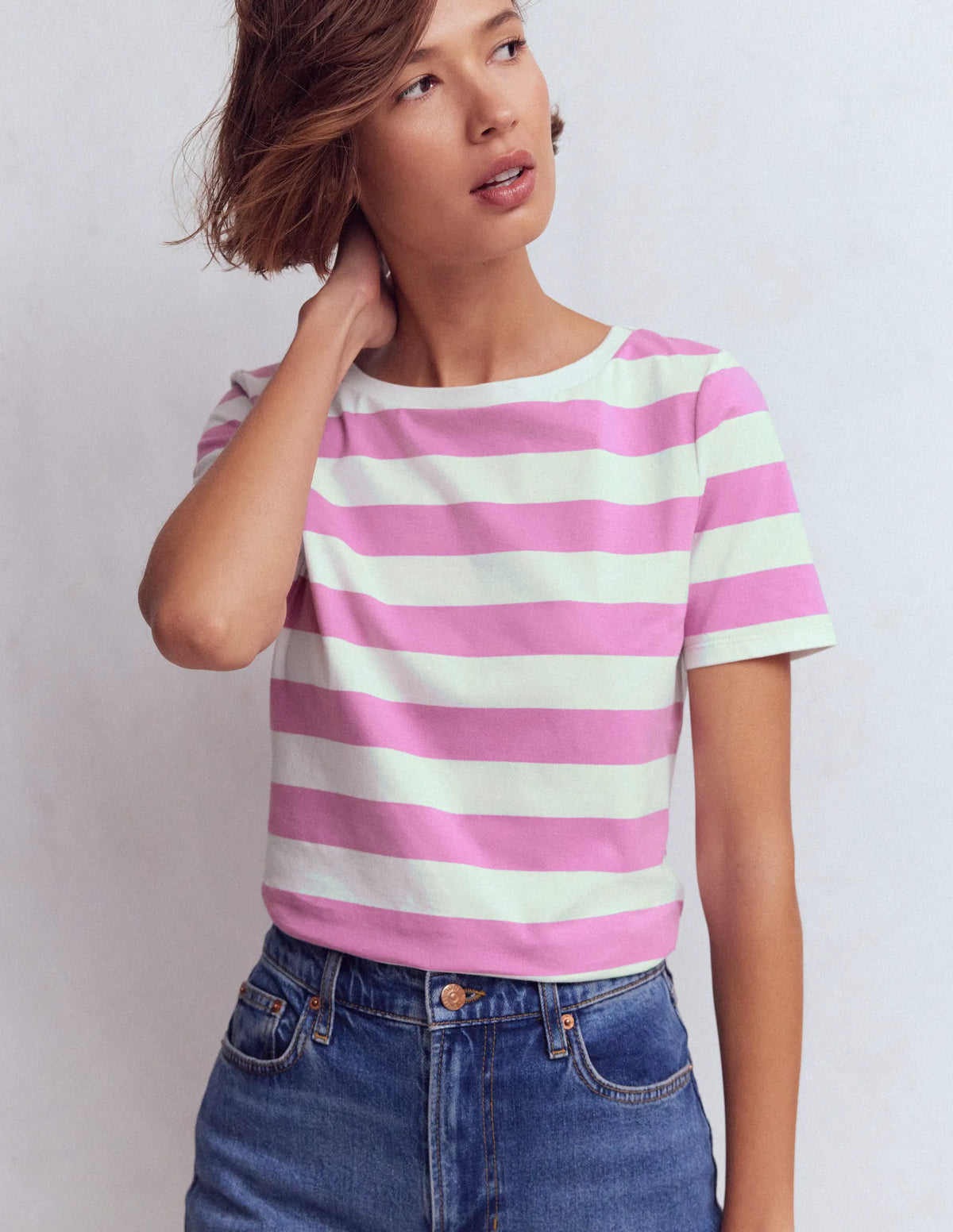 Olivia Short Sleeve Breton-Clover Purple and Ivory Stripe