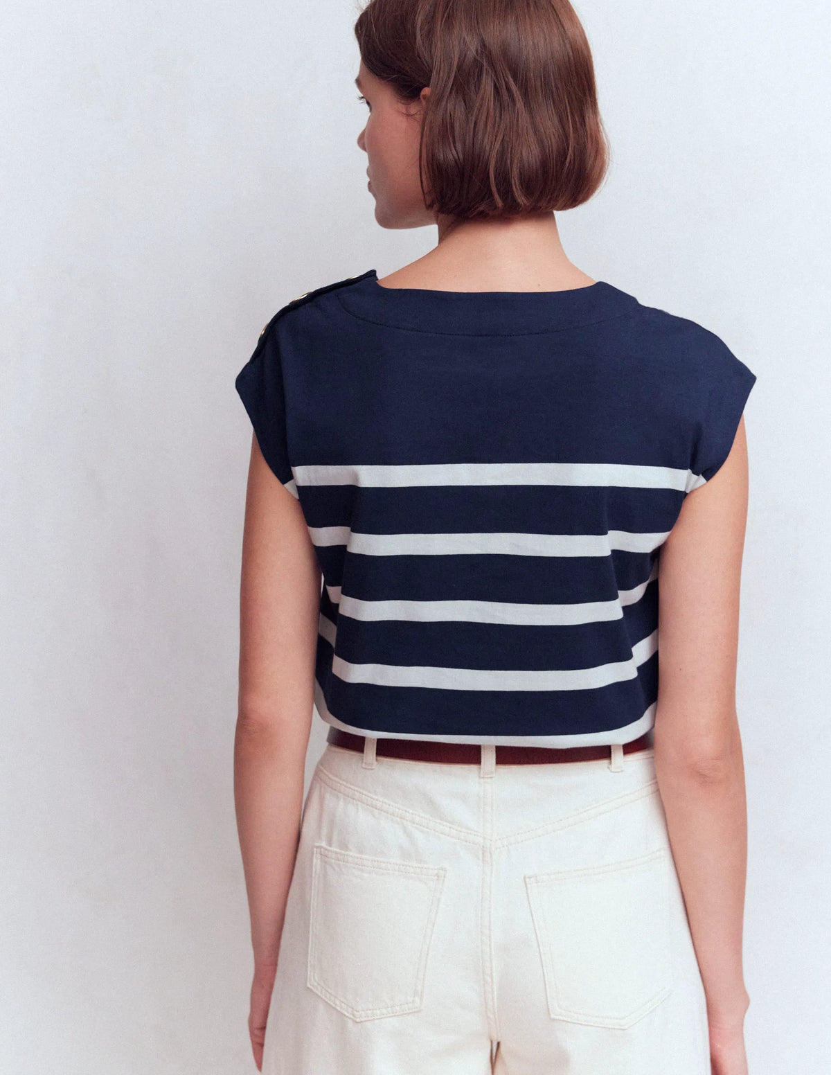 Button Detail T-Shirt-Navy and Ivory Stripe