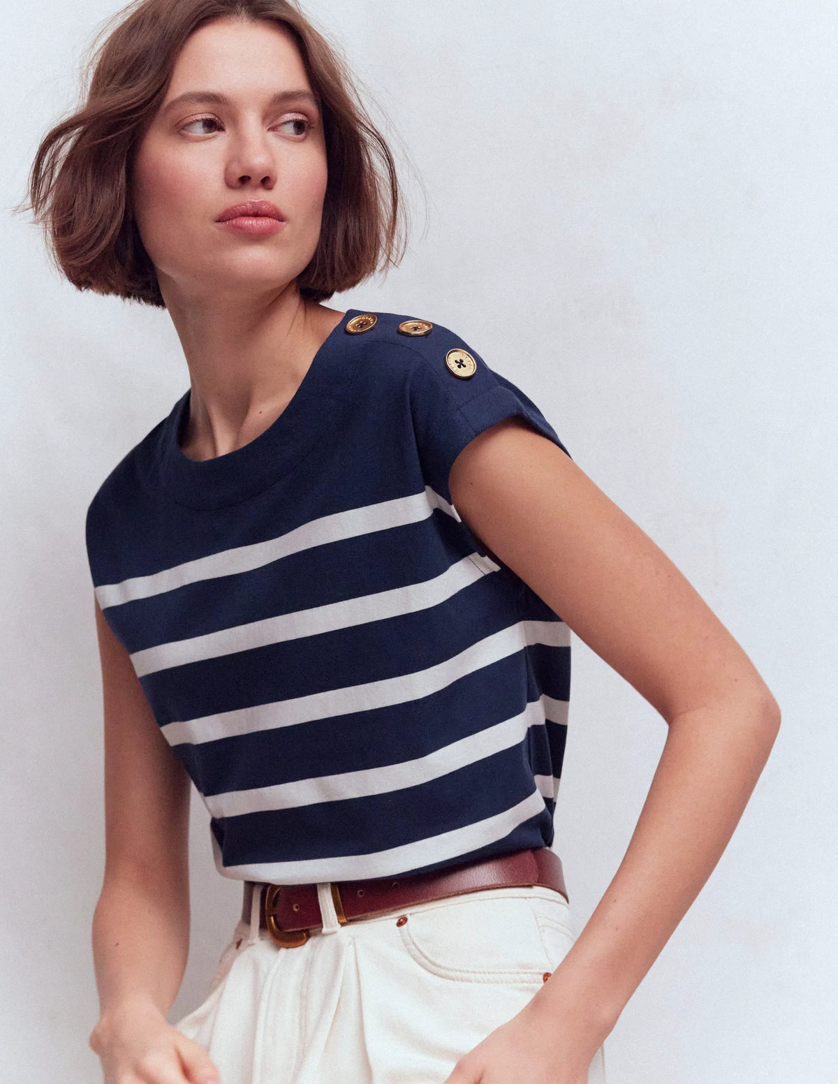 Button Detail T-Shirt-Navy and Ivory Stripe