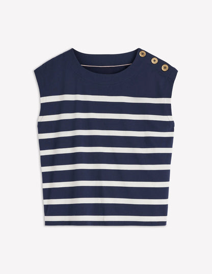 Button Detail T-Shirt-Navy and Ivory Stripe