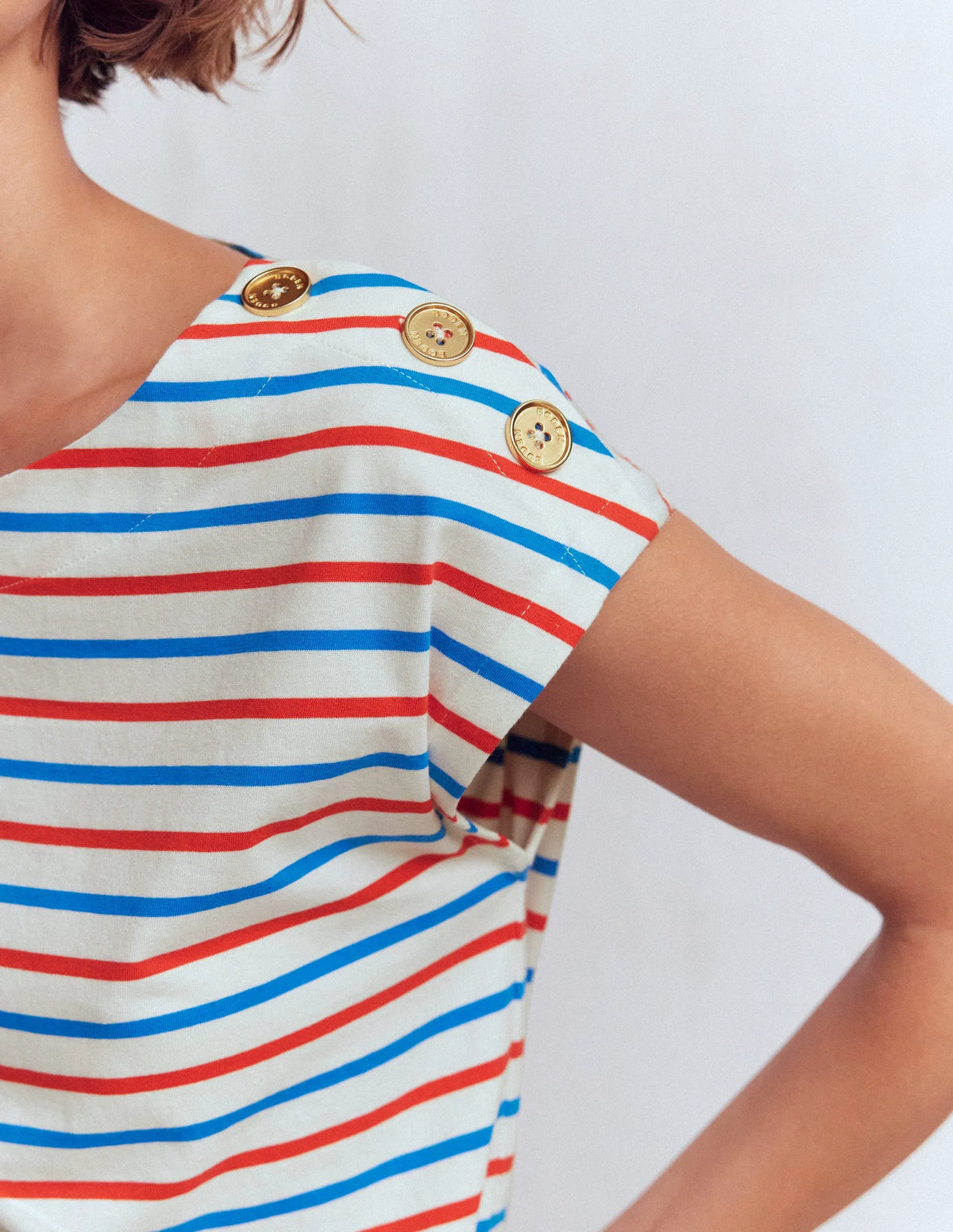 Button Detail T-Shirt-Fire Cracker, King Fisher Blue