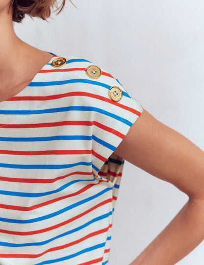 Button Detail T-Shirt-Fire Cracker, King Fisher Blue