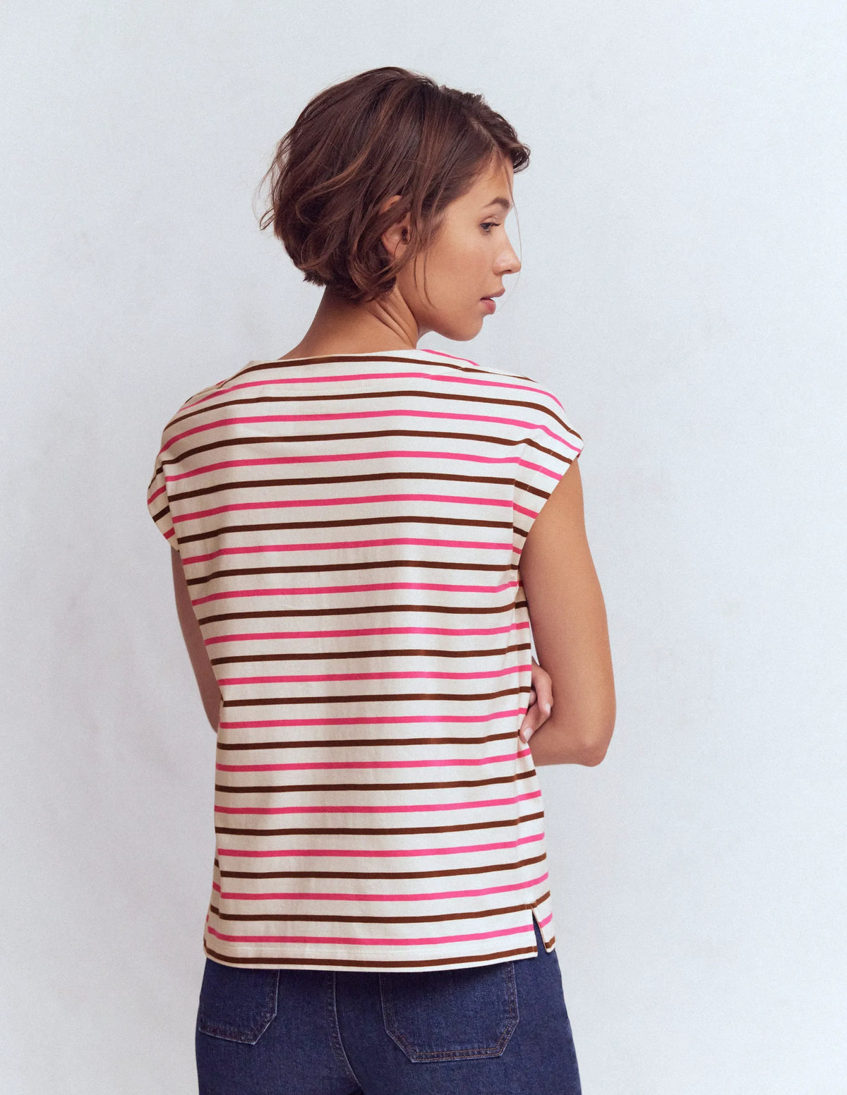 Button Detail T-Shirt-Pink Peony, Raw Umber Stripe