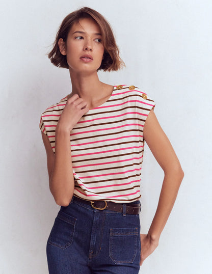 Button Detail T-Shirt-Pink Peony, Raw Umber Stripe