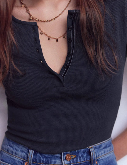 Short Sleeve Rib Henley-Navy