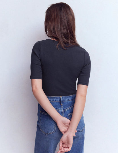 Short Sleeve Rib Henley-Navy