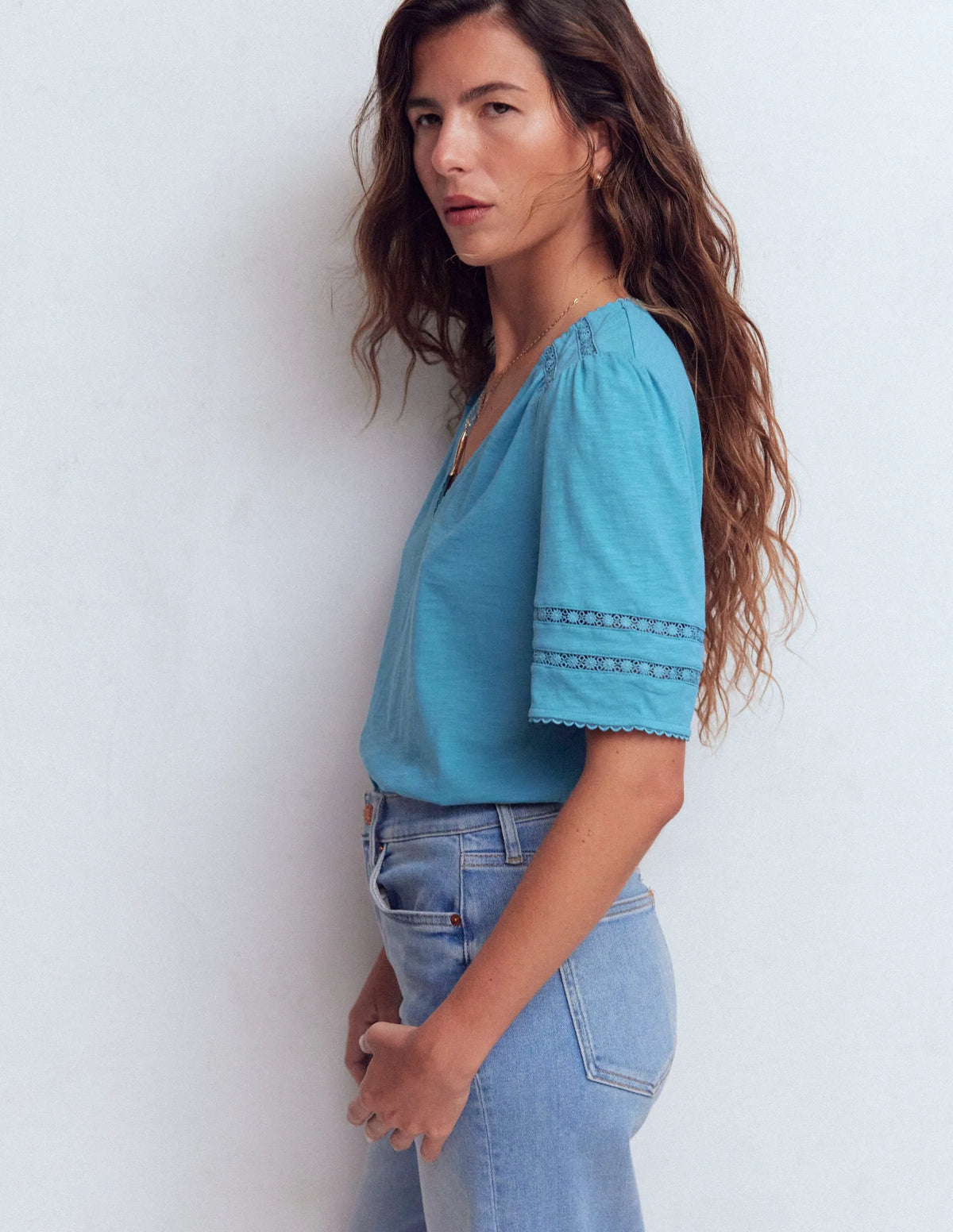 Poppy Trim V Neck T-Shirt-Duck Egg Blue