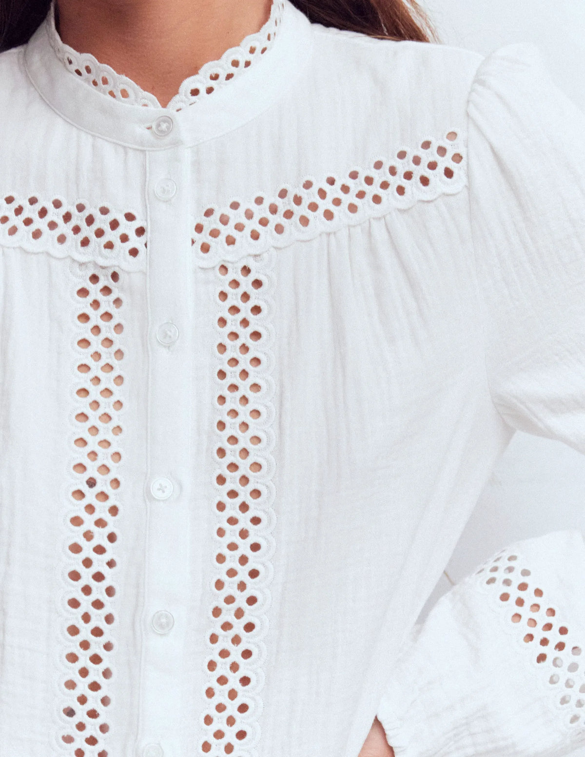 Trim Detail Double Cloth Top-White