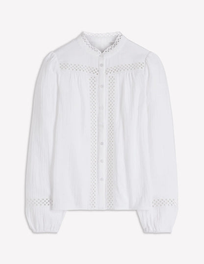 Trim Detail Double Cloth Top-White