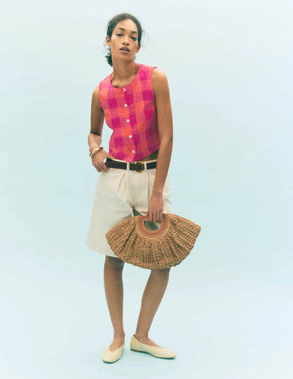 Andrea Linen Shell Top-Zesty Orange, Pink Gingham