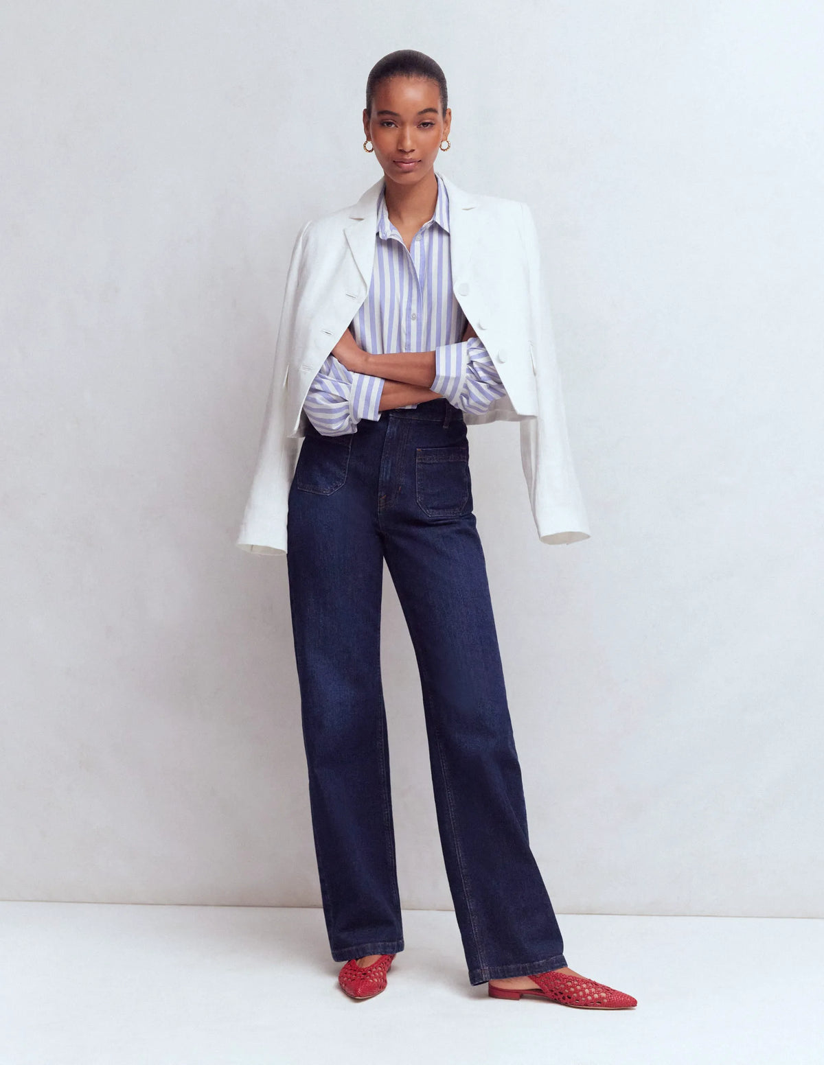 Puff Sleeve Oxford Shirt-Navy, Ivory Stripe