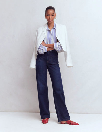 Puff Sleeve Oxford Shirt-Navy, Ivory Stripe