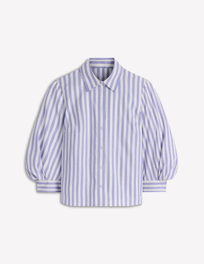 Puff Sleeve Oxford Shirt-Navy, Ivory Stripe