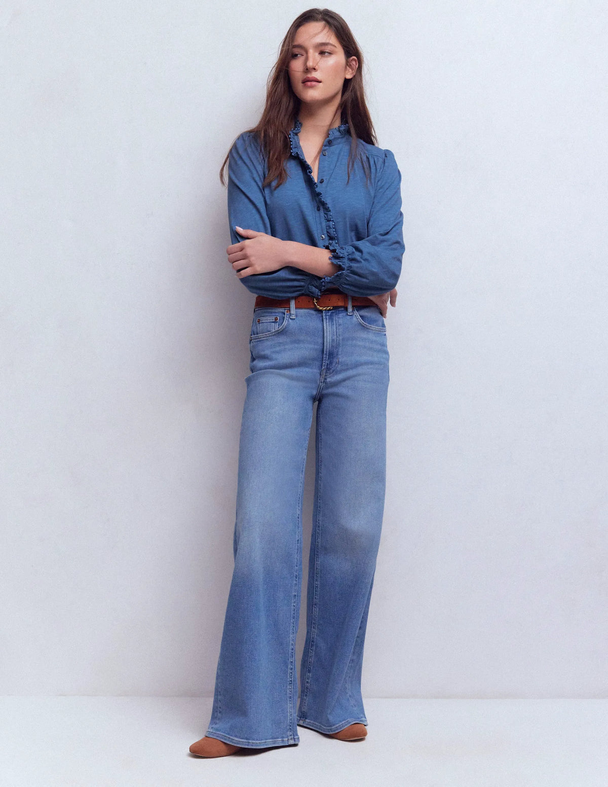 Emily Pom Trim Ruffle Shirt-Denim Blue
