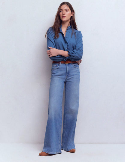 Emily Pom Trim Ruffle Shirt-Denim Blue