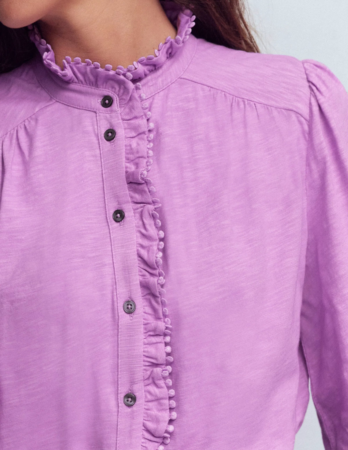 Emily Pom Trim Ruffle Shirt-Chalky Violet