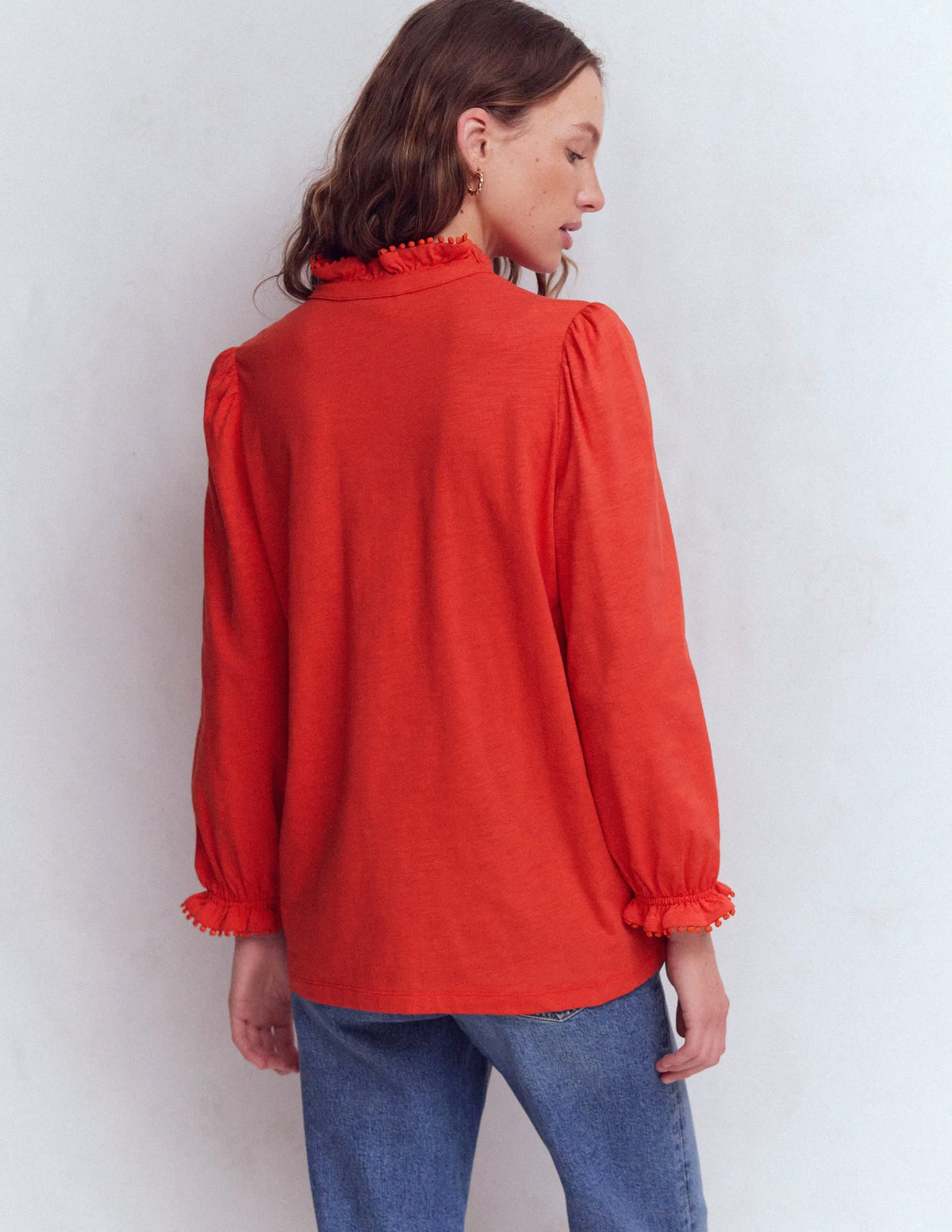 Emily Pom Trim Ruffle Shirt-Blood Orange