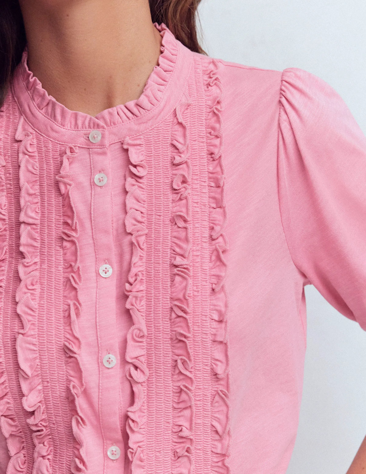 Eda Ruffle Front Shirt-Formica Pink