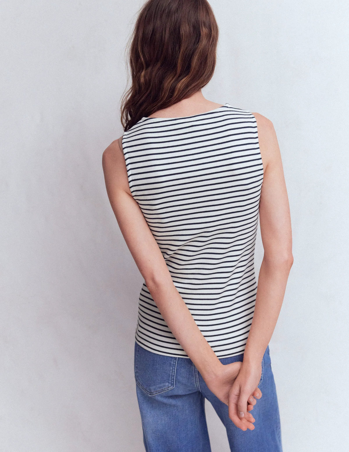 Evie Button Through Rib Vest-Ivory, Navy Stripe