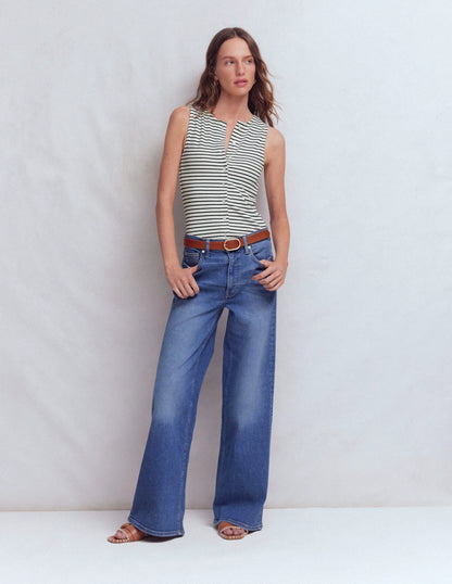 Evie Button Through Rib Vest-Ivory, Navy Stripe