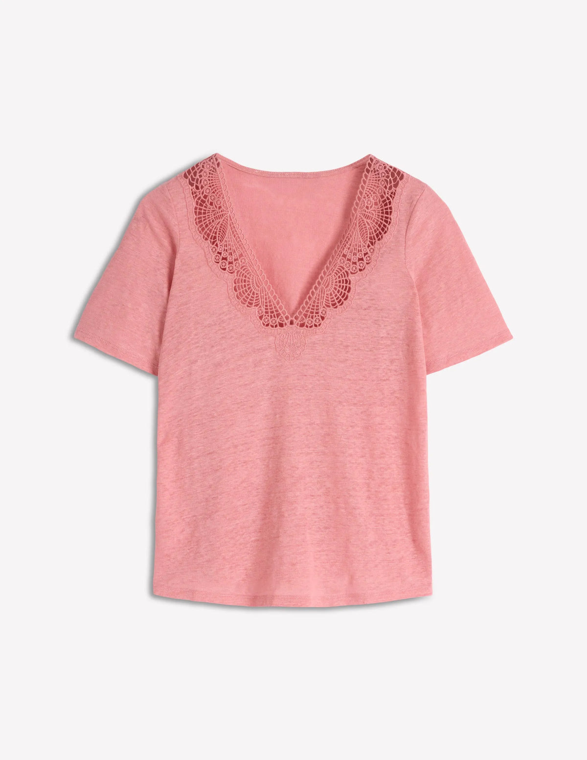 Tara Lace Trim Linen T-shirt-Almond Pink