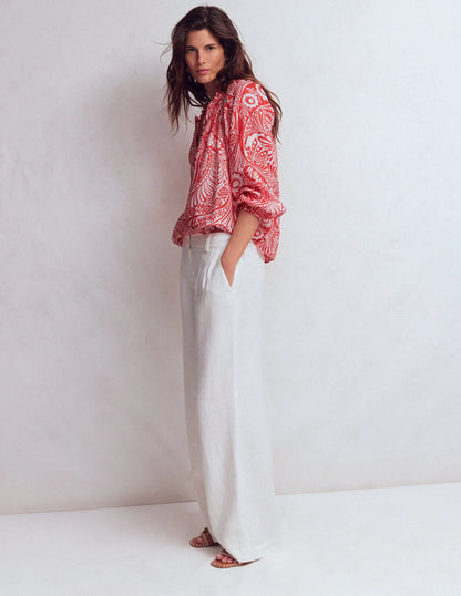 Serena Pleat Neck Linen Top-Red, Enchanted Paisley