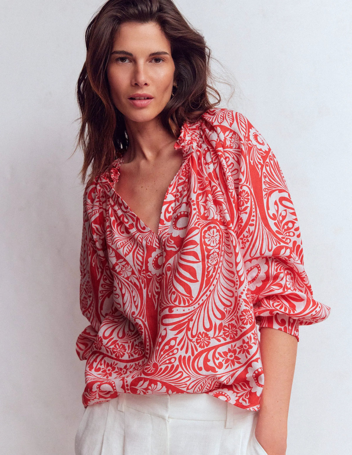 Serena Pleat Neck Linen Top-Red, Enchanted Paisley
