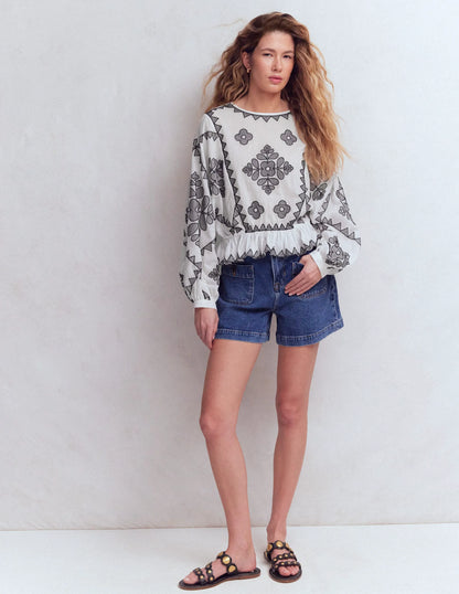 Embroidered Vacation Top-Ivory